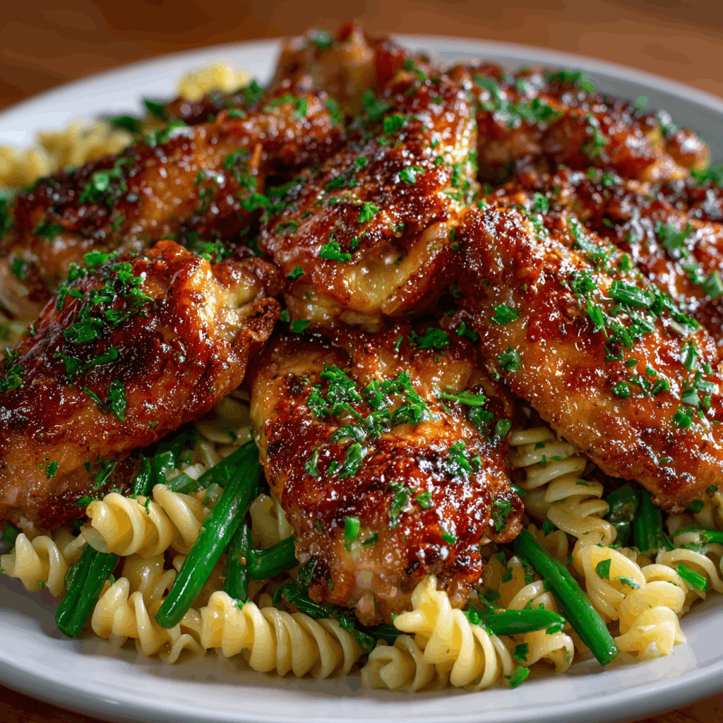 Chicken wings, rotel pasta and green beans: A delicious combo!