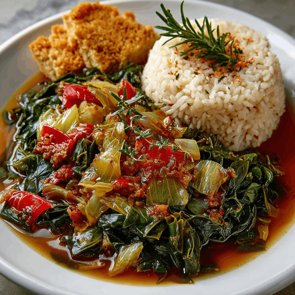 Big bowl of gumbo greens with cabbage, rice, and cornbread: Discover the Ultimate Comfort Food!