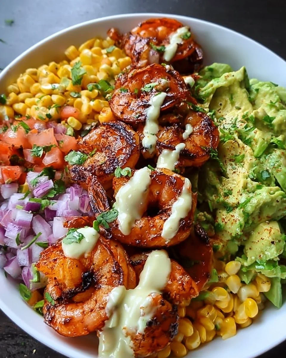 Grilled Shrimp Bowl with Avocado, Corn Salsa &amp; Creamy Garlic Sauce