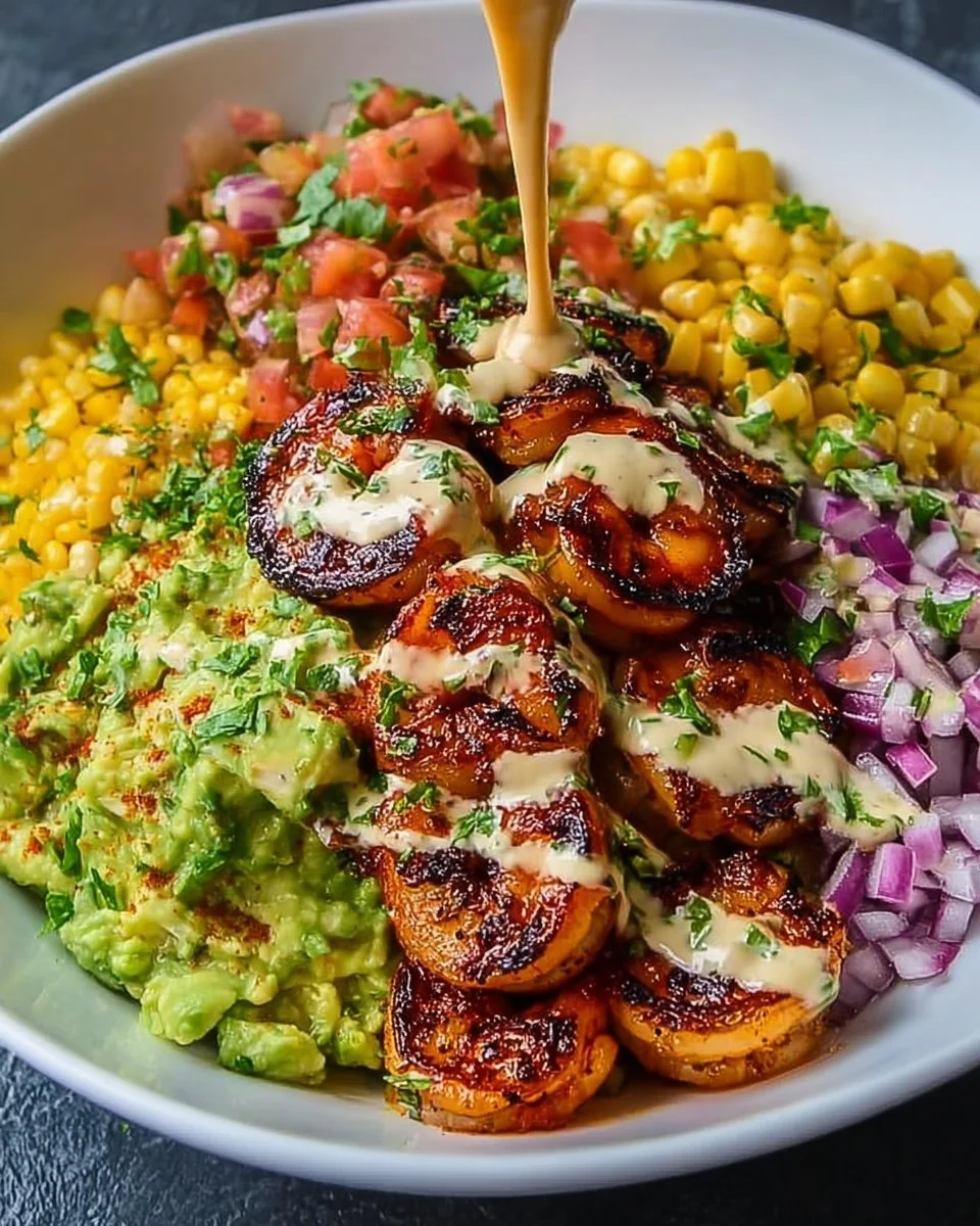 Grilled Shrimp Bowl with Avocado, Corn Salsa &amp; Creamy Garlic Sauce