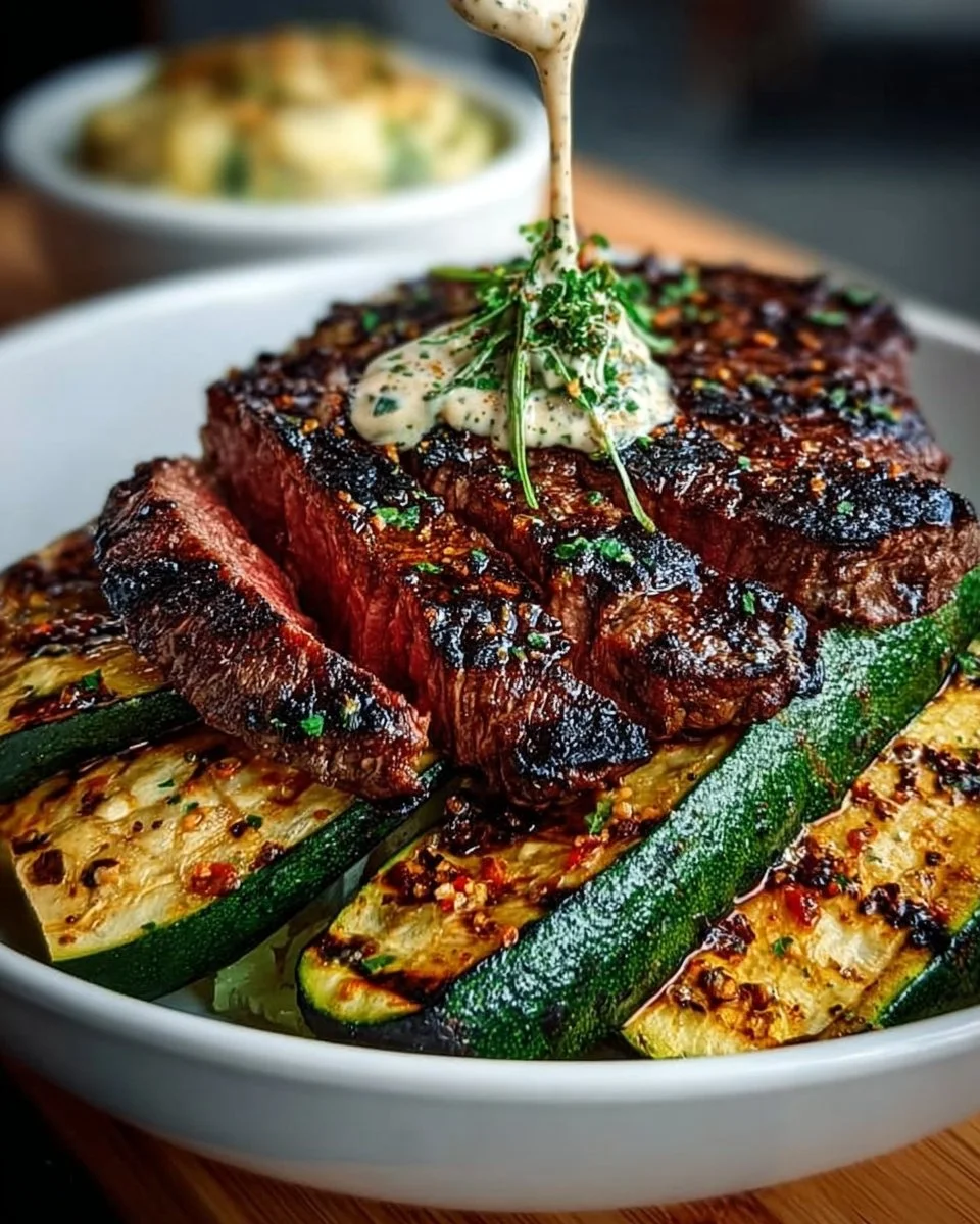 Grilled Steak Bowl with Sauce &amp; Grilled Zucchini