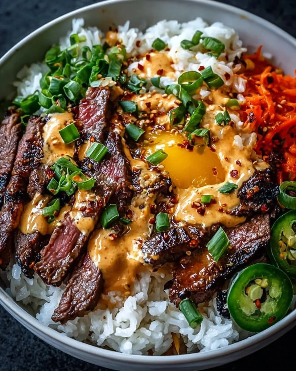 Irresistibly Easy Korean BBQ Steak Rice Bowls with Spicy Cream Sauce
