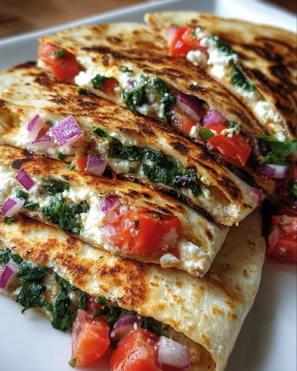 Mediterranean Quesadillas with Spinach, Feta, Mozzarella, and Red Onion