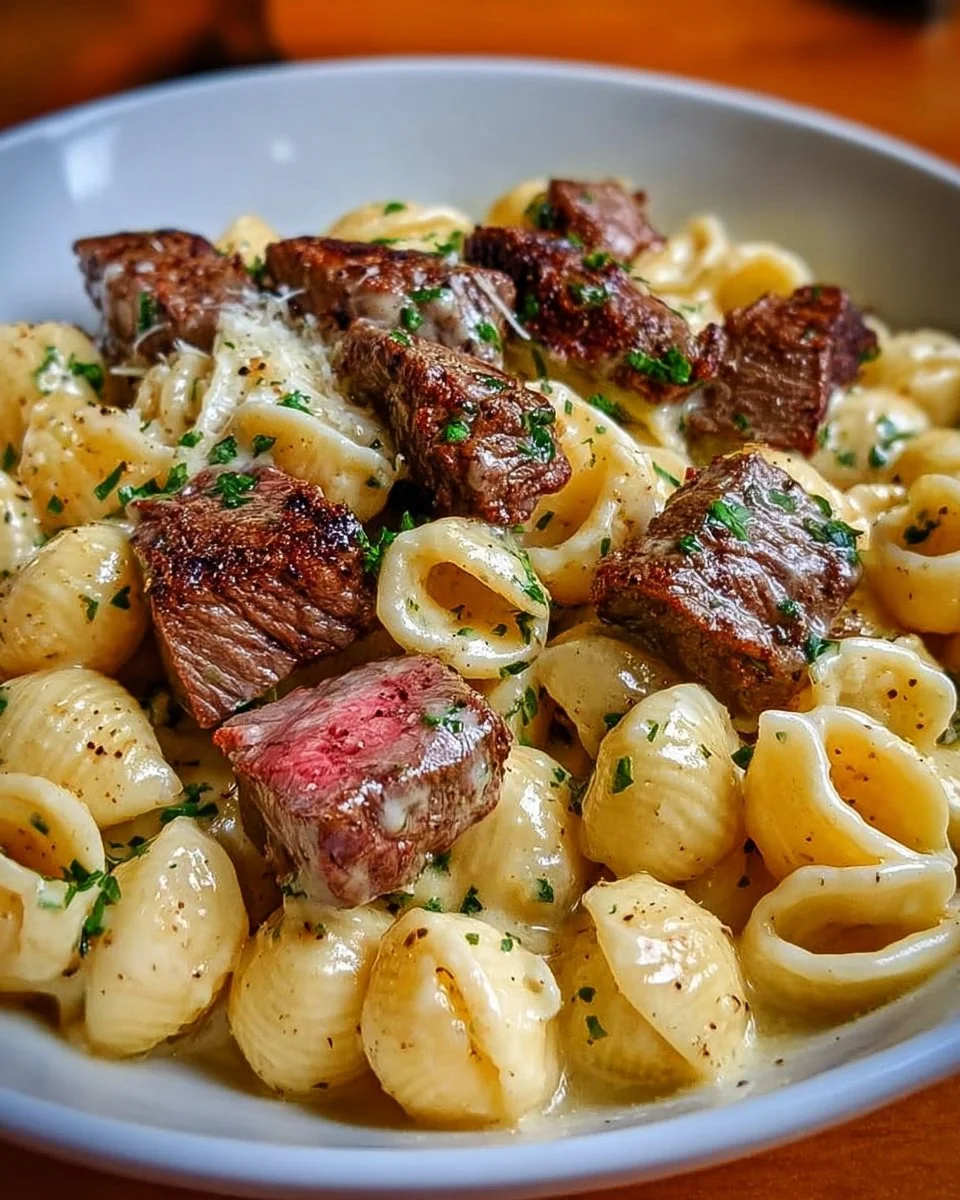 Garlic Butter Alfredo Steak Bites with Shell Pasta
