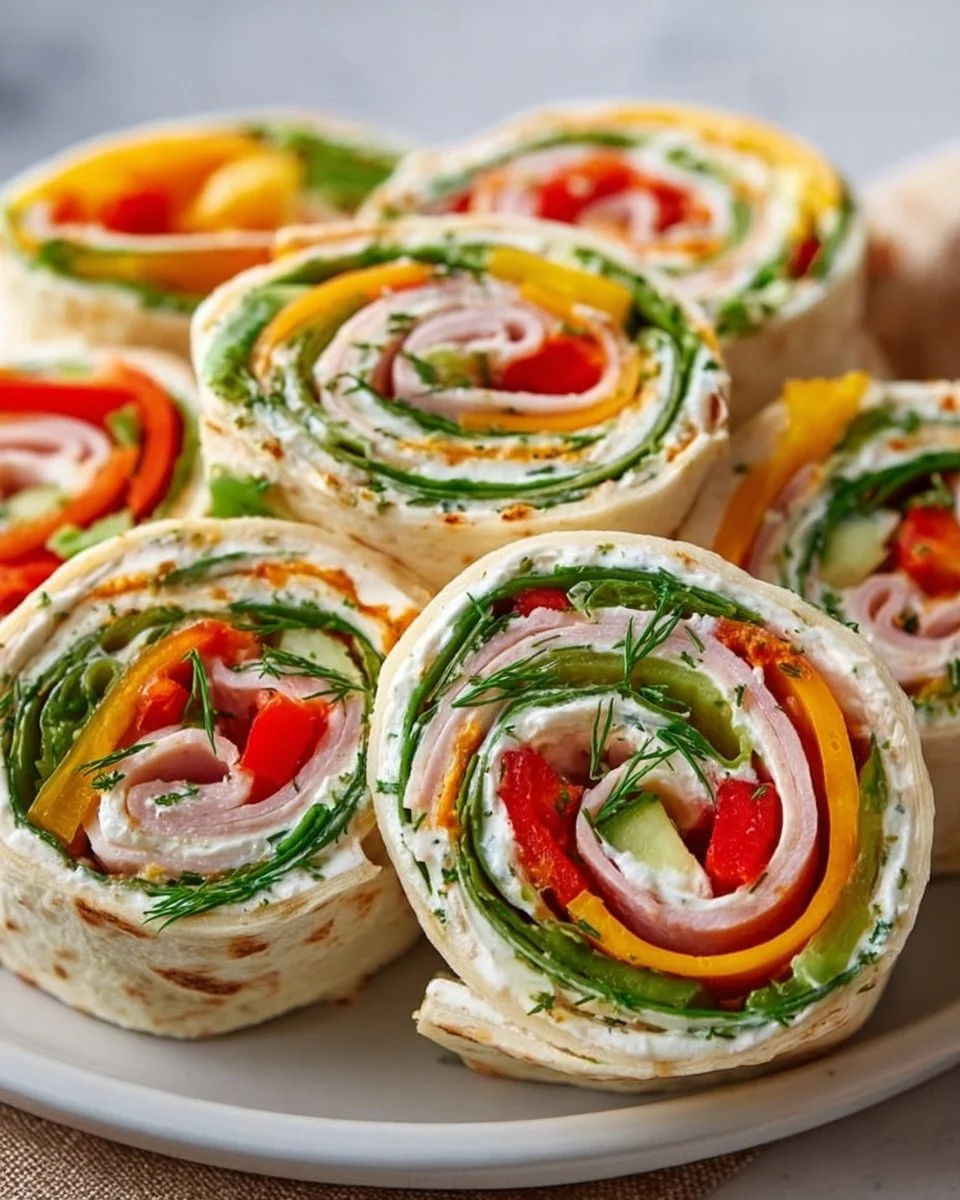Variety of colorful pin wheel appetizers on a serving platter.