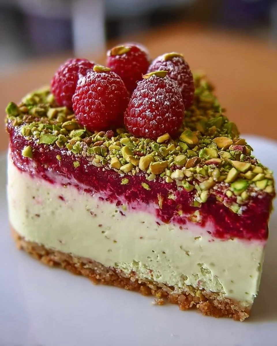 Pistachio Raspberry Crunch Cheesecake